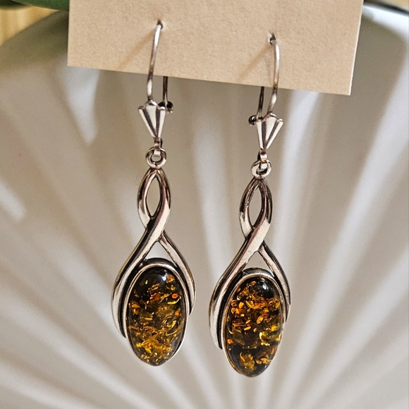 Green Amber And Silver Earrings - Picture 1 of 5